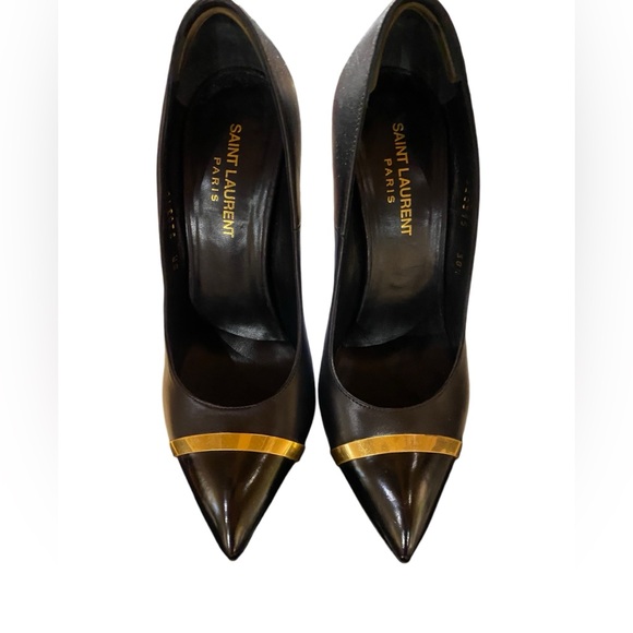 YSL Yves Saint Laurent PARIS 105 Janis Black Gold Pointed Toe Pumps Shoe 38.5 - Picture 1 of 6
